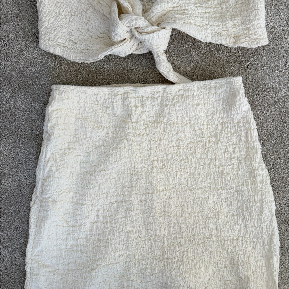 Princess Polly Cropped Tie-Front Top and Textured Mini Skirt Set - White